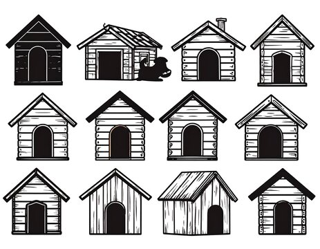 Collection of various doghouse illustrations in black and white