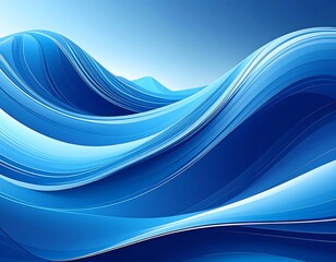 Abstract composition of fluid, layered blue waves against a gradient sky