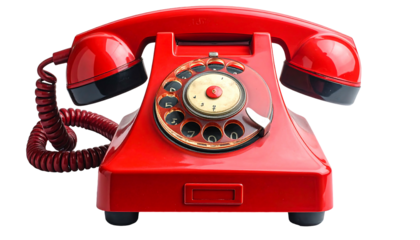 Vibrant red rotary phone with coiled cord, against a black background, shining with retro charm and smooth lines