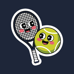 Cartoon tennis racket and ball with smiling faces and rosy cheeks on a dark blue background sticker