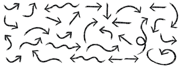 Set of different arrow shapes with grunge texture on black hand drawn doodle effect for design in presentations fun and lively visual with Crayon texture pencil effect. Vector illustration eps 10