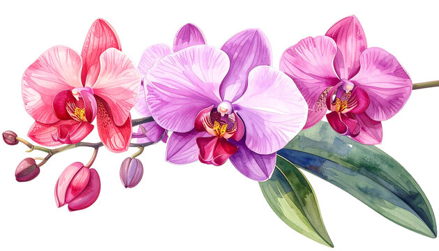 Watercolor orchid arrangement with pink, purple, and red petals. Leaves complement the floral display on a black background