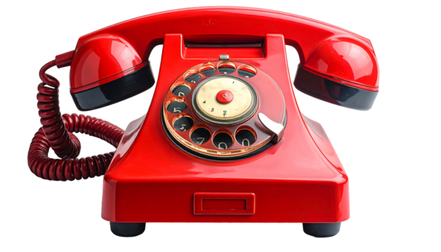 Vibrant red rotary phone with coiled cord, against a black background, shining with retro charm and smooth lines