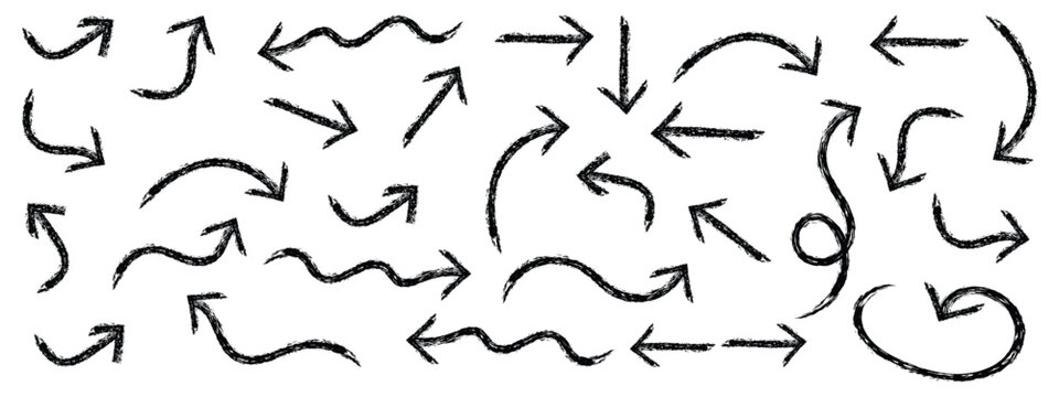Set of different arrow shapes with grunge texture on black hand drawn doodle effect for design in presentations fun and lively visual with Crayon texture pencil effect. Vector illustration eps 10