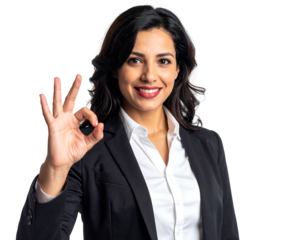 Smiling woman in a blazer makes an 'OK' hand gesture against a black background