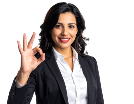 Smiling woman in a blazer makes an 'OK' hand gesture against a black background