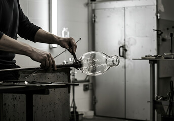 A glassblower's hands shaping molten glass with a tool in a workshop. Black and white image of traditional craftsmanship. Artisan manufacturing process