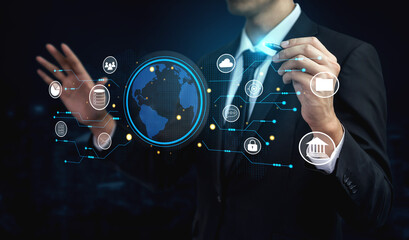 A global business network and digital infrastructure concept. A worldwide connection of services including data, finance, and secure communication. Motif