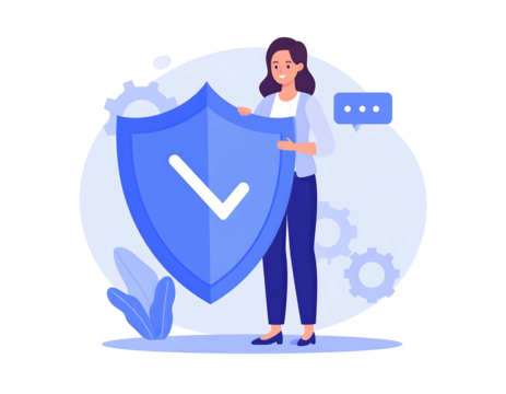 Woman holding a shield with checkmark, gears, speech bubble, and plant on a white background with shadows - Powered by Adobe