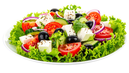 Vibrant salad with feta, tomatoes, cucumbers, olives, and red onion on lettuce