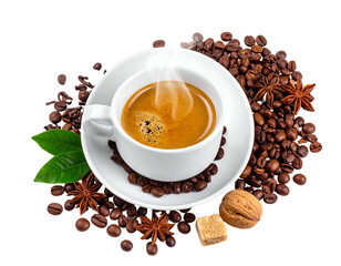 Steaming espresso in a white cup, surrounded by coffee beans, star anise, sugar, and walnut on a black background