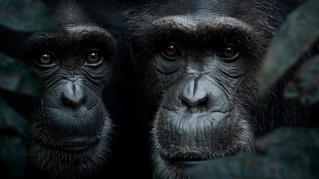 Close-Up Portrait of Two Chimpanzees in the Dark Jungle with Intense Expressions