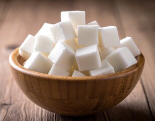 A wooden bowl brimming with pristine, cubed, white crystals on a wooden surface