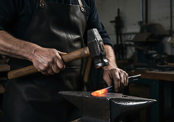 A blacksmith hammering a glowing piece of hot metal on an anvil in a forge. Close-up of a craftsman at work in a traditional workshop. Metalworking and manual labor concept