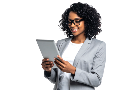 Smiling woman in a grey suit and glasses uses a tablet against a black background, her head tilted down and smiling