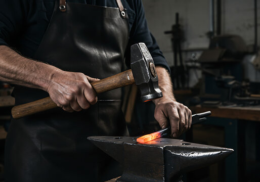 A blacksmith hammering a glowing piece of hot metal on an anvil in a forge. Close-up of a craftsman at work in a traditional workshop. Metalworking and manual labor concept