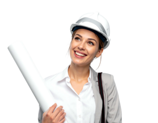 Smiling woman in a hardhat with rolled plans looks upward, against a dark background