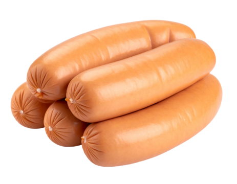 Stack of pale sausages on a black background, reflecting light, arranged haphazardly in a pile