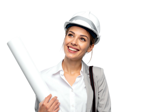 Smiling woman in a hardhat with rolled plans looks upward, against a dark background - Powered by Adobe