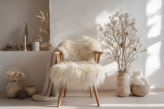 Hygge Living Room Corner, Nordic Winter Christmas Background.