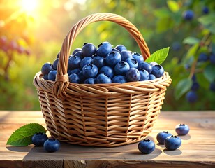 A woven basket overflows with fresh, ripe blueberries on a wooden surface