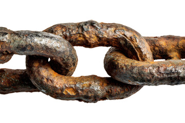 Fototapeta premium Close-up of rusty chain link with corroded metal texture, isolated on transparent background