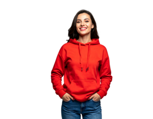 Smiling woman in a red hoodie & jeans, hands in pockets, dark background