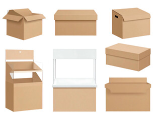 Various brown cardboard boxes, some open, some closed, in a collection of different shapes and sizes