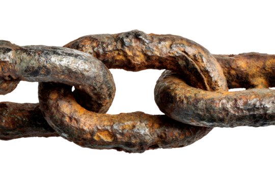 Close-up of rusty chain link with corroded metal texture, isolated on transparent background