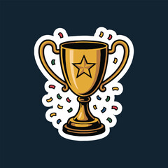 Golden trophy with star and confetti against a dark blue background in sticker style art