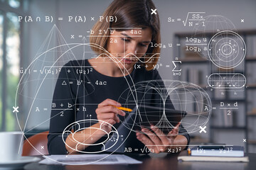 Businesswoman holding tablet device, touching screen. Office workplace. Concept of business degree, distant work, business education, information technology.