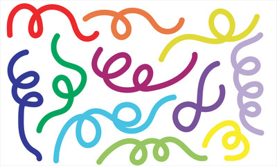 Colorful Abstract Swirl Lines: Hand-Drawn Wavy Curled Party Streamer Elements