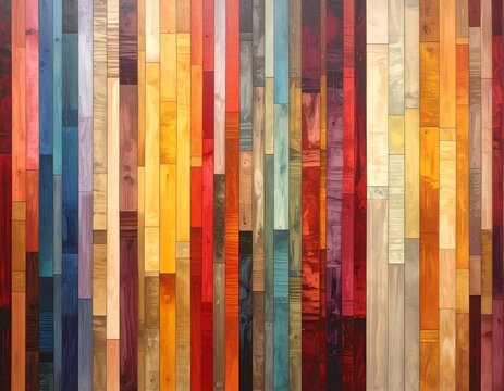 Abstract, colorful artwork featuring vertically aligned wooden planks
