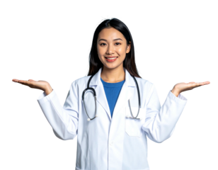 Smiling woman in a white coat and stethoscope with outstretched hands against a black background