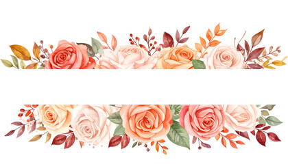 Watercolor roses border with autumn leaves framing a blank space on a black background
