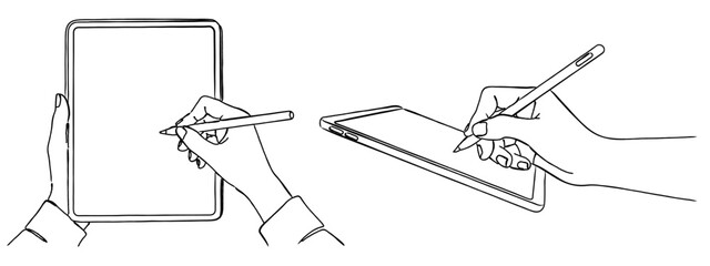 タブレット端末にスタイラスペンで書き込む手の線画イラストセット,デジタル作業,IT,学習,ベクター,リモートワーク © DROP DESIGN STUDIO
