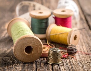 Assorted sewing supplies on a weathered wooden surface, close-up view