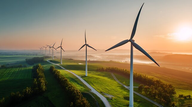 Wind Turbines Generating Clean Energy at Sunrise in a Green Landscape