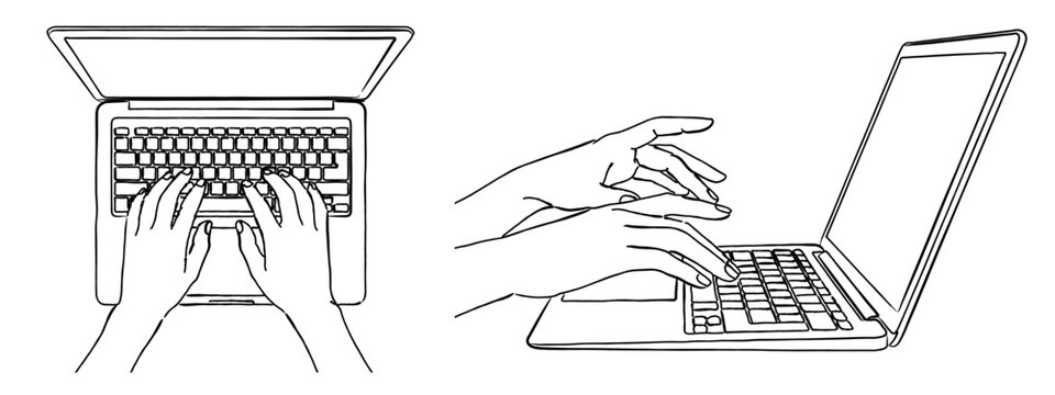 ノートパソコンのキーボードを打つ手の線画イラストセット,ビジネス,作業,タイピング,ベクター,IT