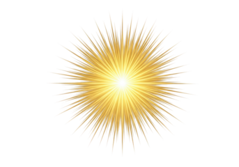 Bright golden sunburst explosion radiating light and energy isolated on transparent background