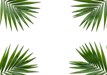 Four lush green palm fronds arranged in a square frame on a black background isolated on transparent background