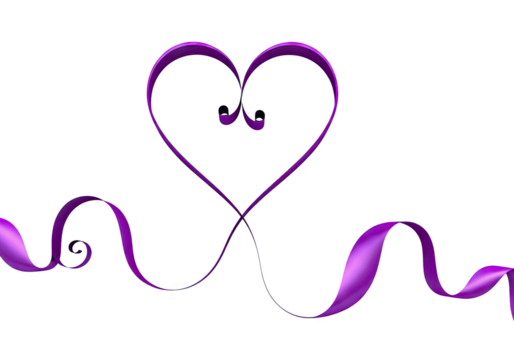 Elegant purple ribbon forming a heart shape with flowing strands isolated on transparent background