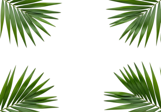 Four lush green palm fronds arranged in a square frame on a black background isolated on transparent background