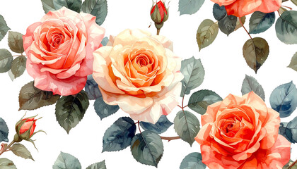 Watercolor roses with leaves on dark background. Beautiful seamless floral pattern in peach, coral, and pink colors