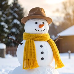 Adorable snowman outdoors, wearing a hat, scarf, and a carrot nose