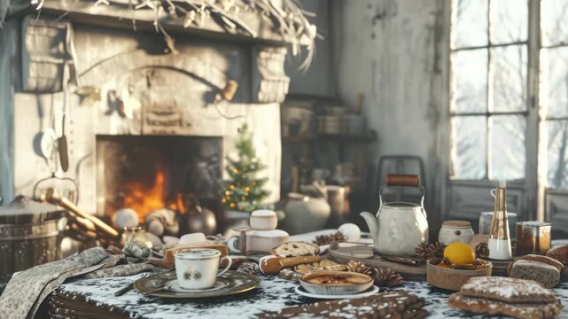 This  depicts a rustic kitchen setting at Christmastime, featuring a fireplace, festive table setting, and vintage-inspired elements.