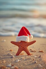 Festive coastal scene featuring a starfish wearing a Santa hat on a sandy beach with soft ocean waves in the background, symbolizing tropical Christmas celebration and holiday vacation atmosphere