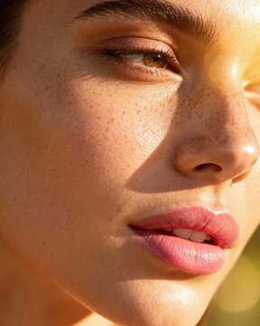 Glowing skin close-up with natural freckles, smooth hydrated complexion, beauty skincare routine, sun-kissed healthy glow Close-up of a woman's face highlighting freckles and natural beauty.