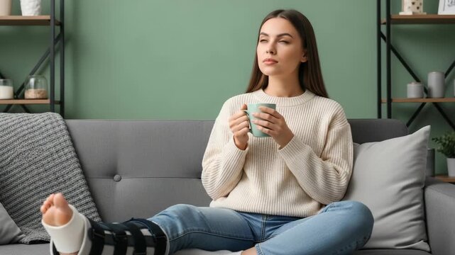 Woman with broken leg resting on couch with tea