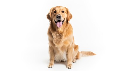 Adorable young golden retriever puppy sitting happy on a purebred white isolated background
